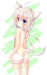  1girl :&lt; ahoge animal_ears ass backless_outfit bangs bare_arms bare_back bare_shoulders blue_eyes blush breasts butt_crack cat_ears cat_girl cat_tail closed_mouth cowboy_shot eyebrows_visible_through_hair green_background hair_between_eyes head_tilt highres looking_at_viewer looking_back meiya_neon meme_attire naked_sweater original sideboob silver_hair small_breasts solo sweater tail thighhighs turtleneck turtleneck_sweater two-tone_background v-shaped_eyebrows virgin_killer_sweater white_background white_legwear white_sweater 