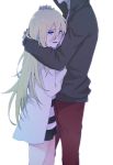  1boy 1girl bandage bandaged_hand black_shorts black_sweater blonde_hair blue_eyes crying crying_with_eyes_open from_side hair_between_eyes hand_on_head head_out_of_frame hood hood_up hooded_sweater hug isaac_foster jacket long_hair mukkun696 open_clothes open_jacket open_mouth pants rachel_gardner red_pants satsuriku_no_tenshi shirt short_shorts shorts simple_background striped striped_shirt sweater tears very_long_hair white_background white_jacket 