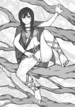  1girl absurdres arm_up bangs barefoot belt blush bracelet breasts cape closed_mouth collarbone dodomesu feet female full_body greyscale have_to_pee highres jewelry leg_up long_hair looking_to_the_side midriff miniskirt monochrome navel original outdoors panties panties_aside pubic_hair pussy skirt small_breasts solo spread_legs strapless sweat tree tubetop uncensored underwear vest 