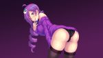  1girl ass bare_shoulders bent_over black_legwear blue_eyes breasts dress drill_hair fast-runner-2024 hair_ornament highres long_hair medium_breasts no_bra off-shoulder off-shoulder_sweater purple_hair shiny shiny_hair shiny_skin sideboob skull_hair_ornament smile solo sweater sweater_dress thighhighs tongue tongue_out zone-tan 