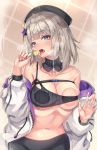  1girl aa-12_(girls_frontline) against_glass ahoge bags_under_eyes bangs black_headwear blue_eyes breasts candy cenangam choker eyebrows_visible_through_hair food girls_frontline gloves hair_ornament hat holding lollipop long_hair looking_at_viewer medium_breasts open_mouth saliva saliva_trail shorts sidelocks silver_hair solo star star_hair_ornament 