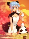  1girl blue_eyes blue_hair breasts double_bun dress dumpling eating food highres holding holding_food mitake_eiru object_on_head open_mouth original panda small_breasts 