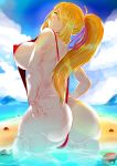  1girl ass bad_id bad_pixiv_id bikini blonde_hair breasts creatures_(company) dontouchthekitty eyebrows game_freak highres huge_ass huge_breasts long_hair matching_hair/eyes multiple_sources nintendo ocean pokeball pokemon pokemon_(game) pokemon_dppt ponytail sand shirona_(pokemon) sky sling_bikini smile solo swimsuit tied_hair water yellow_eyes 