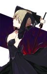  1girl armpits artoria_pendragon_(all) black_dress black_ribbon blonde_hair braid breasts closed_mouth dark_excalibur dark_persona dress fate/grand_order fate/stay_night fate_(series) fighting_stance french_braid gothic_lolita hair_between_eyes hair_bun lolita_fashion long_sleeves medium_breasts pinch_(nesume) puffy_sleeves ribbon saber_alter solo sword weapon yellow_eyes 