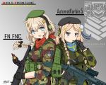  2girls absurdres ak-5 ak5_(girls_frontline) assault_rifle bandanna beret blonde_hair blue_eyes camouflage character_name fn_fnc fn_fnc_(girls_frontline) foregrip girls_frontline gloves gun hair_ornament hat headset highres huge_filesize military military_uniform multiple_girls purple_eyes rifle scope swedish_flag toramaru-913 trigger_discipline uniform weapon 