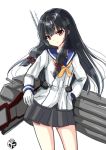  1girl artist_logo black_hair blue_sailor_collar chize contrapposto cowboy_shot gloves grey_skirt hair_ribbon hand_on_hip isokaze_(kantai_collection) kantai_collection long_hair long_sleeves machinery neckerchief pleated_skirt red_eyes ribbon sailor_collar school_uniform serafuku simple_background skirt solo tress_ribbon white_background white_gloves yellow_neckwear 