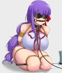  1girl arms_behind_back bb_(fate)_(all) bb_(fate/extra_ccc) bdsm bit_gag blindfold bondage bound bow breasts collar erect_nipples fate/extra fate/extra_ccc fate/grand_order fate_(series) gag gagged hair_ribbon large_breasts leash leotard long_hair purple_eyes purple_hair ribbon ribeiku rope seiza shibari sitting skindentation thick_thighs thighs 