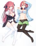  2girls :o absurdres arm_up bangs bare_shoulders black_jacket black_legwear black_panties blue_eyes bow bow_bra bra breasts cardigan cleavage closed_mouth collarbone collared_shirt crotch_seam dress_shirt frown go-toubun_no_hanayome green_skirt groin hair_between_eyes hair_ribbon hand_up headphones headphones_around_neck highres jacket lace lace-trimmed_panties large_breasts light_particles long_hair long_sleeves looking_at_viewer lying miniskirt multiple_girls nakano_miku nakano_nino navel no_pants no_shoes off_shoulder on_back open_cardigan open_clothes open_jacket open_mouth open_shirt panties panties_over_pantyhose pantyhose pink_hair pleated_skirt red_hair ribbon school_uniform shirt sidelocks sitting skirt skirt_pull stomach thighhighs two_side_up underwear white_bra white_legwear white_shirt xue_lu 