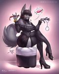  2019 anthro anubian_jackal black_hair breasts canid canine canis cleavage clothed clothing crossed_legs digital_media_(artwork) ear_piercing female footwear green_eyes hair handcuffs hi_res high_heels holding_object holding_whip jackal jesonite legwear long_hair looking_at_viewer mammal nightshade_(kadath) off_shoulder piercing shackles shoes smile solo whip 