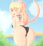  1girl absurdres animal_ears ass bare_shoulders bikini blonde_hair blush borrowed_character breasts cameltoe cat_ears cat_tail come_hither from_behind highres long_hair looking_at_viewer looking_back naughty_face one_eye_closed orange_eyes ponytail shiny shiny_hair shiny_skin sideboob smile solo swimsuit tail tiffy tongue tongue_out wink xrayuri 