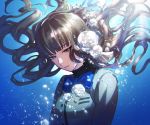  1girl a_xavif bangs blue_neckwear blunt_bangs brown_eyes brown_hair bubble eyebrows_visible_through_hair fate/extra fate_(series) floating_hair grey_jacket jacket kishinami_hakuno_(female) long_hair shiny shiny_hair solo underwater upper_body 