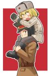  2girls alternate_costume angry bangs belt black_eyes black_footwear black_gloves black_hair blonde_hair blush brown_belt brown_coat carrying clenched_hand coat collar commentary commentary_request frown fur_hat girls_und_panzer gloves green_headwear grey_headwear grey_pants hat katyusha looking_at_another looking_at_viewer looking_back military military_uniform multiple_girls nonna open_mouth outline outside_border pants partial_commentary peaked_cap red_background sam_browne_belt short_hair shoulder_carry soviet uniform uona_telepin ushanka v-shaped_eyebrows white_belt white_collar white_outline 