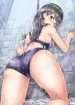  1girl @ against_wall artist_name ass back_cutout bangs bare_arms bare_legs black_hair blue_eyes blue_swimsuit breasts commentary_request cutout eyebrows_visible_through_hair from_behind from_below kneeling long_hair looking_at_viewer oonaka_ito shower_(place) showering solo ssss.gridman straight_hair swimsuit takarada_rikka water wet wet_clothes 