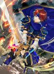  1boy armor blue_eyes cape fire_emblem fire_emblem:_fuuin_no_tsurugi gloves headband kyo_niku male_focus nintendo red_hair roy_(fire_emblem) short_hair simple_background solo sword weapon 