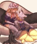  2girls bangs beige_background blonde_hair choker commentary_request couch dress fox_tail frilled_shirt_collar frills from_behind hair_between_eyes hair_ribbon hat hat_ribbon highres kneeling long_hair long_sleeves looking_at_another masanaga_(tsukasa) mob_cap multiple_girls multiple_tails parted_lips petticoat pillow_hat puffy_short_sleeves puffy_sleeves purple_dress purple_eyes purple_footwear red_choker red_ribbon ribbon ribbon_choker shoes short_dress short_hair short_sleeves sidelocks simple_background sitting sketch smile tabard tail thighhighs thighs touhou white_dress white_headwear white_legwear yakumo_ran yakumo_yukari yuri 