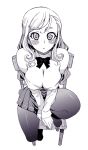  1girl bare_shoulders blush_stickers bow bowtie breasts chair cleavage erect_nipples highres kusanagi_tonbo large_breasts long_sleeves monochrome off_shoulder original pantyhose pleated_skirt sitting skirt solo 