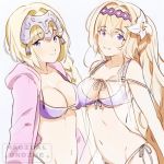  2girls artist_name artist_request bikini blonde_hair breasts fate/apocrypha fate/grand_order fate_(series) flower from_side granblue_fantasy groin hair_between_eyes hair_flower hair_ornament headpiece jeanne_d&#039;arc_(fate)_(all) jeanne_d&#039;arc_(granblue_fantasy) long_braid long_hair magical_ondine medium_breasts multiple_girls namesake navel purple_eyes see-through side-tie_bottom smile swimsuit swimsuit_under_clothes white_background 