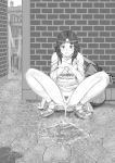  1girl absurdres alley bag bangs bare_shoulders blush breasts censored circlet cleavage closed_mouth collarbone dodomesu dress female full_body greyscale hands_up highres jewelry looking_down medium_breasts monochrome mosaic_censoring necklace off_shoulder original outdoors outline panties panties_around_ankles panty_pull peeing pubic_hair puddle pussy sandals shiny shiny_hair solo spread_legs squatting staff steam sweat underwear white_outline 