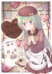  1girl alice_carroll apron aria aria_pokoteng bangs beret blue_eyes blush border bow box cat chocolate chocolate_heart gift gift_box green_hair hair_between_eyes happy_valentine hat heart highres long_hair nut_megu open_mouth outside_border president_maa spoken_heart valentine waist_apron white_border 