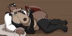  2017 anthro areola bedroom_eyes big_breasts big_butt breasts butt clothed clothing digital_media_(artwork) digitigrade fluffy)tail frilly gnoll half-closed_eyes hyaenid inside lagotrope legwear lying maid_uniform mammal matron mostly_nude nipples on_ground on_side one_breast_out pillow raised_tail seductive skirt stockings thick_thighs uniform 
