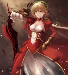  1girl blonde_hair breasts choker cleavage collarbone fate/extra fate_(series) fingerless_gloves gauntlets gloves green_eyes hair_between_eyes hair_ribbon herigaru_(fvgyvr000) highres holding holding_sword holding_weapon long_sleeves looking_at_viewer medium_breasts nero_claudius_(fate) nero_claudius_(fate)_(all) red_gloves red_ribbon red_skirt red_sleeves ribbon see-through short_hair shrug_(clothing) skirt smile solo standing sword weapon 