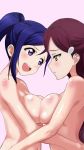  2girls blue_hair blush breast_press breasts closed_mouth commentary_request embarrassed hair_ornament hairclip half_updo highres hug kamisama_gyonikuno large_breasts lavender_background long_hair love_live! love_live!_school_idol_project matsuura_kanan multiple_girls navel nude open_mouth ponytail purple_eyes red_hair sakurauchi_riko sidelocks symmetrical_docking upper_body yellow_eyes yuri 