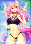  2019 absurd_res anthro ball bat_pony bat_wings beach_ball bikini breasts clothed clothing digital_media_(artwork) equid female flutterbat_(mlp) fluttershy_(mlp) friendship_is_magic hair hi_res holding_object koveliana long_hair mammal membranous_wings my_little_pony navel open_mouth partially_submerged pink_hair signature solo swimsuit water wings 