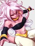  1girl android_21 bandeau bare_shoulders black_nails black_sclera bracelet breasts cleavage closed_mouth collarbone commentary_request curly_hair detached_sleeves dragon_ball dragon_ball_fighterz earrings flat_color grey_background hands_up harem_pants hoop_earrings jewelry long_hair looking_at_viewer majin_android_21 medium_breasts nail_polish navel neck_ring pants pink_skin red_eyes ring smile solo st62svnexilf2p9 tail very_long_hair white_hair white_pants 