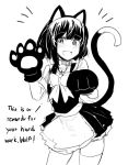  1boy animal_ears black_hair blush cat_ears cat_tail cowboy_shot crossdressing eyebrows_visible_through_hair fake_animal_ears fake_tail fang gloves happy highres hinghoi jingle_bell_collar kuro_(sekiro) maid monochrome open_mouth paw_gloves paws sekiro:_shadows_die_twice sketch smile solo tail text_focus thighhighs trap 