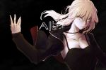  1girl artoria_pendragon_(all) blonde_hair breasts cleavage fate/stay_night fate_(series) i-pan jacket jewelry long_hair necklace ponytail saber_alter sleeves_past_wrists solo yellow_eyes 
