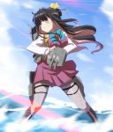  1girl adapted_turret black_hair blue_sky boots bow bowtie breasts cannon clenched_teeth cloud cross-laced_footwear day full_body grey_legwear hair_ribbon halterneck kantai_collection lace-up_boots large_breasts long_hair machinery multicolored_hair naganami_(kantai_collection) outdoors pantyhose pink_hair pose ribbon shirt sky smokestack solo speed_lines standing teeth torpedo_launcher turret two-tone_hair water wavy_hair white_shirt yellow_eyes yoshi_tama 