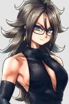  1girl alternate_hair_color android_21 bare_shoulders black-framed_eyewear black_dress black_hair blue_eyes breasts center_opening closed_mouth collarbone commentary_request curly_hair detached_sleeves dragon_ball dragon_ball_fighterz dress earrings glasses hoop_earrings jewelry long_hair looking_at_viewer medium_breasts sideboob sleeveless sleeveless_dress smile solo st62svnexilf2p9 taut_clothes taut_dress upper_body v-shaped_eyebrows very_long_hair 