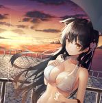  1girl animal_ears atago_(azur_lane) azur_lane bare_arms bare_shoulders bikini black_hair blurry breasts brown_eyes choker cleavage closed_mouth cloud cloudy_sky collarbone depth_of_field diffraction_spikes evening floating_hair flower groin hair_flower hair_ornament hand_on_own_chest hand_up highres horizon large_breasts lkjun_(jg010118) long_hair looking_at_viewer mole mole_under_eye mountain navel ocean orange_sky outdoors pink_flower railing sett sidelocks sky smile solo standing stomach sunset swimsuit upper_body water white_bikini 
