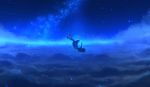  1girl adsuger barefoot blue_sky blue_theme cloud commentary_request dark dress falling galaxy highres light_particles milky_way night night_sky original scenery shooting_star silhouette sky solo sparkle star star_(sky) starry_sky 