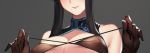  black_dress black_hair bra brown_bra brown_gloves china_dress chinese_clothes dress dress_aside elbow_gloves erect_nipples front-tie_bra gloves hayabusa highres long_hair mole mole_under_mouth original see-through sidelocks tongue tongue_out underwear 