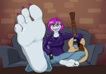  2019 4_toes animated anthro barefoot bellgrey blinking breasts claws clothing eyeshadow female fingerless_gloves fish foot_focus gloves guitar hair makeup marine musical_instrument pink_hair purple_hair redfeathers shark skin_folds smile sofa soles solo toe_claws toes yellow_eyes 