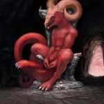  2019 animal_genitalia anthro blue_eyes cave claws cloaca digital_media_(artwork) dragon female flat_chested hi_res horn looking_at_viewer meandraco nude open_mouth pussy red_skin scalie sitting solo teeth 
