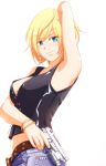  1girl aya_brea bare_shoulders blonde_hair blue_eyes breasts cleavage denim gun handgun holding holding_gun holding_weapon jeans jewelry necklace open_clothes pants parasite_eve parasite_eve_the_3rd_birthday pe pistol saishichi simple_background smile solo the_3rd_birthday weapon white_background 