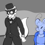  2016 4_ears anthro big_ears bow_tie canid canine choker clothed clothing digital_media_(artwork) duo fluffy fluffy_tail fox fully_clothed grin hair hat jacket lagotrope mammal mask mouse multi_ear radmin_(unse) rodent simple_background smile sweater_mouse_(unse) top_hat tuxedo walking whiskers 