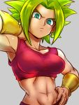  1girl arm_up armpits blonde_hair bracer breasts closed_mouth collarbone commentary_request dragon_ball dragon_ball_super earrings flat_color fusion grey_background hand_on_hip jewelry kefla_(dragon_ball) looking_at_viewer medium_breasts midriff navel pants potara_earrings red_pants red_shirt shirt solo spiked_hair st62svnexilf2p9 stomach super_saiyan tank_top toned upper_body 