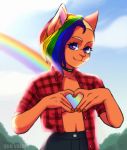  2019 anthro blue_eyes canid canine canis checked choker clothed clothing collar digital_media_(artwork) domestic_cat ear_piercing felid feline felis female fur hair looking_at_viewer mammal mia_dyke_(character) multicolored_hair pants piercing plaid quo_valdis rainbow rainbow_hair shirt smile solo wolky 
