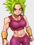  1girl blonde_hair bracer breasts clenched_hands closed_mouth collarbone commentary_request dragon_ball dragon_ball_super earrings flat_color fusion grey_background jewelry kefla_(dragon_ball) looking_at_viewer medium_breasts midriff navel pants potara_earrings red_pants red_shirt shirt smile solo spiked_hair st62svnexilf2p9 stomach super_saiyan tank_top toned 