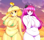  animal_crossing anthro big_breasts bikini breasts brown_eyes canid canine canis clothing comaofsouls destinee domestic_dog female giant_panda hair hi_res isabelle_(animal_crossing) mammal nintendo pink_hair red_eyes slightly_chubby swimsuit ursid video_games 