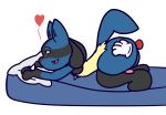  2019 absurd_res alpha_channel anthro bed black_fur blue_fur blush butt canid canine canis digital_media_(artwork) digitigrade disembodied_hand disembodied_penis fur hi_res lucario lying male mammal nintendo nude on_bed open_mouth penetration penis pok&eacute;mon pok&eacute;mon_(species) red_eyes sex simple_background smile solo_focus tan_fur transparent_background video_games zerosquared 