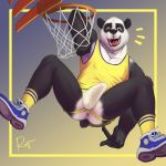  anthro anus basketball clothing erection erection_under_clothes footwear giant_panda hi_res jockstrap looking_at_viewer male mammal open_mouth rov shirt shoes solo spread_legs spreading tank_top underwear ursid v_sign 