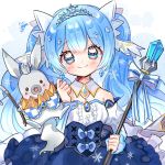  1girl animal bangs blue_bow blue_eyes blue_flower blush bow bunny clothed_animal detached_collar detached_sleeves dress earrings eyebrows_visible_through_hair flower frilled_dress frills hatsune_miku jewelry juliet_sleeves long_sleeves looking_at_viewer puffy_sleeves scepter smile snow snowflakes solo strapless strapless_dress striped striped_bow tiara twintails upper_body vocaloid yalmyu yuki_miku yukine_(vocaloid) 