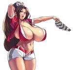  1girl alternate_costume bikini_top breasts brown_eyes brown_hair cleavage commentary crop_top curvy english_commentary eu03 fan fatal_fury folding_fan halterneck high_ponytail huge_breasts long_hair looking_at_viewer midriff navel open_mouth ponytail revealing_clothes shiranui_mai short_shorts short_sleeves shorts sideboob smile solo standing the_king_of_fighters thighs very_long_hair white_shorts 