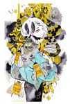  1girl antennae artist_name bee bug from_behind hand_on_own_shoulder honeycomb_(pattern) insect long_sleeves looking_at_viewer looking_back maruti_bitamin original oversized_insect short_hair smile solo white_hair yellow_eyes 