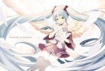  1girl 2016 angel_wings anniversary beige_background black_skirt blue_eyes blue_hair blurry blush character_name dated depth_of_field detached_sleeves eyebrows_visible_through_hair feathered_wings floating gradient gradient_background grey_shirt hands_on_own_chest hatsune_miku holding light_smile long_hair looking_down nokuhashi number_tattoo paper parted_lips sheet_music shirt shoulder_tattoo skirt skirt_lift sleeveless sleeveless_shirt solo tattoo thighhighs thighs twintails very_long_hair vocaloid white_background wings 
