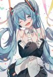  1girl 2018 ;d bare_shoulders black_skirt blue_hair blue_neckwear blurry blush character_name confetti crying crying_with_eyes_open dated depth_of_field detached_sleeves eyebrows_visible_through_hair hands_on_own_chest happy_birthday hatsune_miku head_tilt heart long_hair necktie one_eye_closed open_mouth paper sheet_music shoulder_tattoo simple_background skirt smile solo streamers tattoo tears teeth twintails very_long_hair vocaloid white_background yuno_tsuitta 